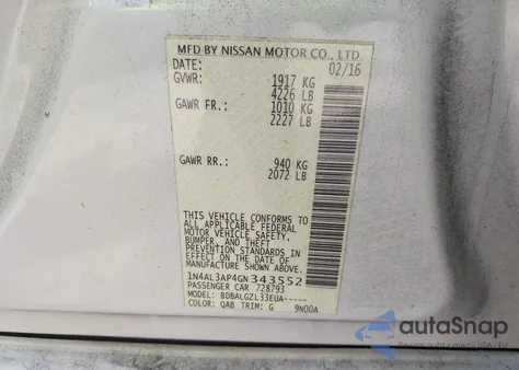 2016 Nissan Altima 2.5/2.5 S/2.5 Sl/2.5 Sr/2.5 Sv from USA, damaged, VIN 1N4AL3AP4GN343552